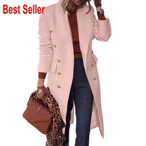 Long Wool Blend Pea Coat with Faux Fur Notched Collar Slim Fit